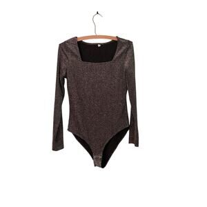 Glitter Bodysuit Womens Large Black Long Sleeve Shirt Shimmer Sparkle One Piece